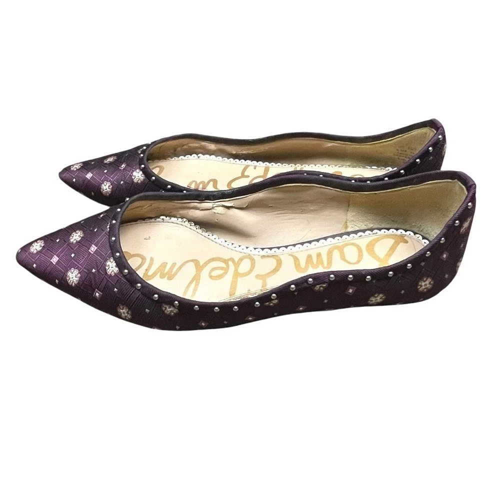 Sam Edelman Women Purple Pointed Toe Flats Size 6.5 Jacquard Studded Floral - Picture 4 of 13